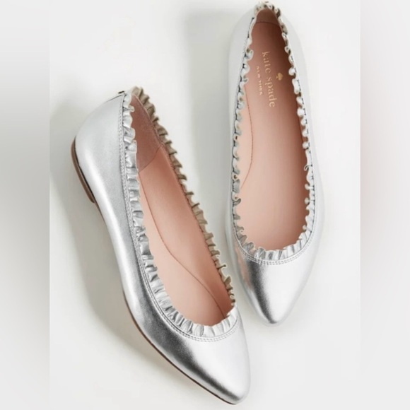 Kate Spade Silver Pointed Toe Ballet Flats with ruffle detail size 9 EUC - Picture 2 of 11